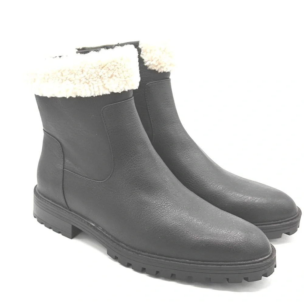 Black Ankle Boots with Cream Faux Fur Trim - Picture 3 of 4